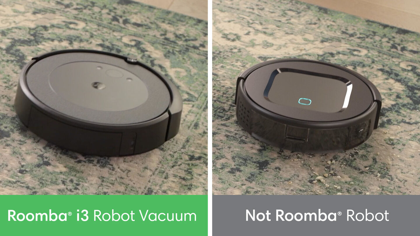 A comparison showing a Roomba outcleaning a non-Roomba