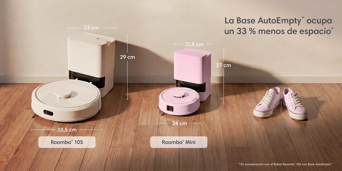 La Base AutoEmpty ocupa un 33&nbsp;% menos de espacio, Roomba 105 junto a Roomba Mini