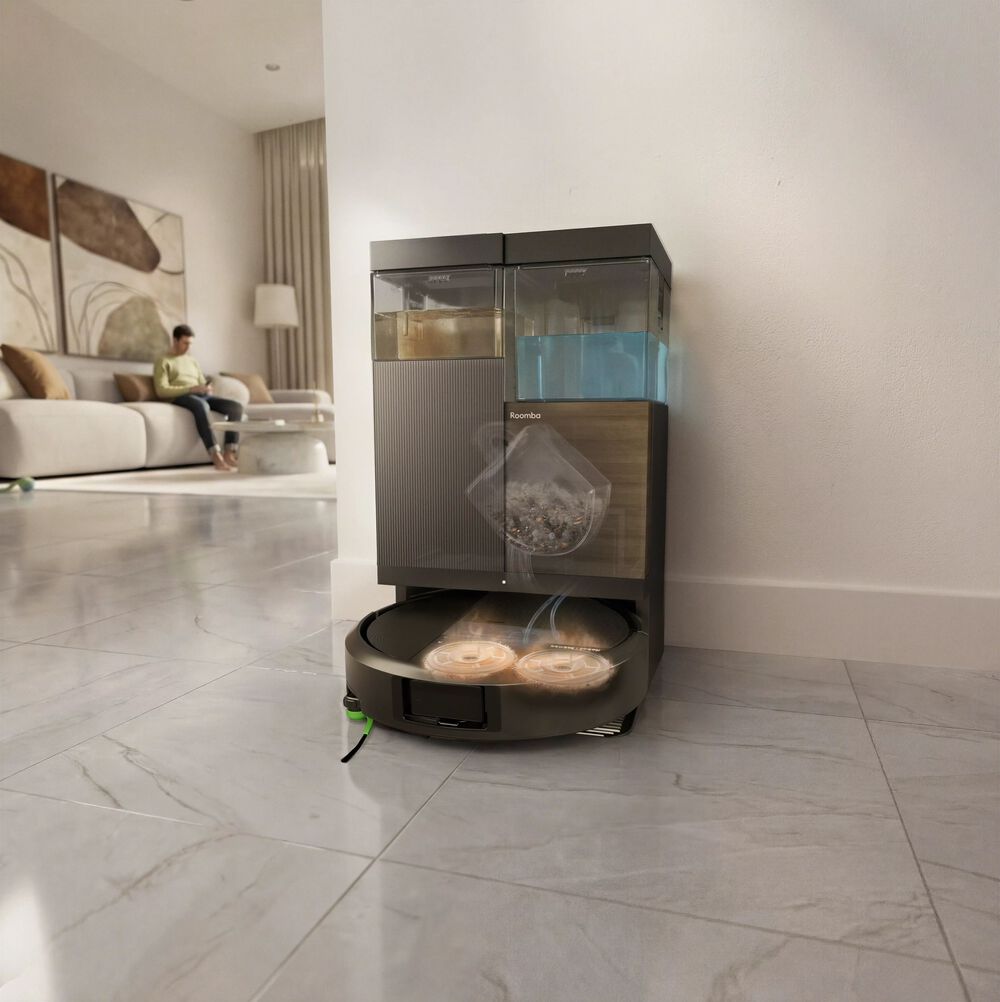 La base tout-en-un qui lave et s&egrave;che les lingettes, remplit le r&eacute;servoir et vide le bac, pour jusqu&rsquo;&agrave; 3&nbsp;mois de nettoyage autonome.